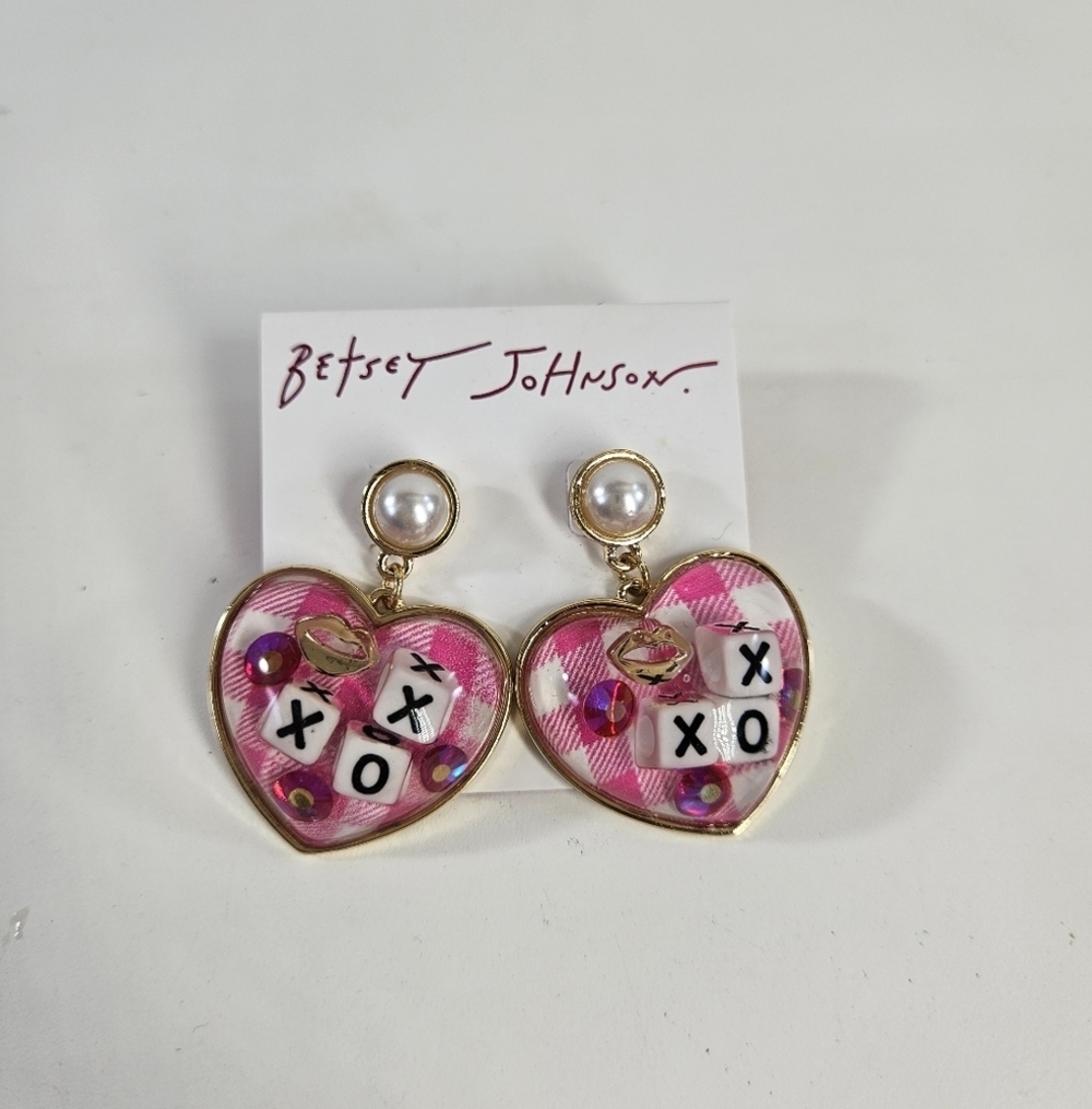 Betsey Johnson Pink Plaid XOXO Heart Earrings